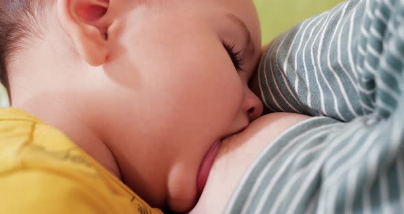 Mother Breastfeeding Her Newborn Baby on Sofa