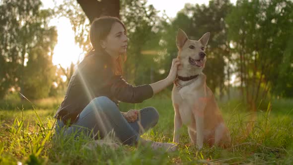 Tender Cute Relationship Between the Female Mistress and Her Outbred Dog.