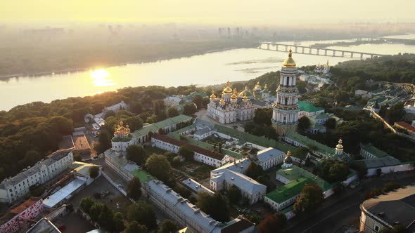 Kyiv, Ukraine: Aerial View of Kyiv-Pechersk Lavra in the Morning at Sunrise.