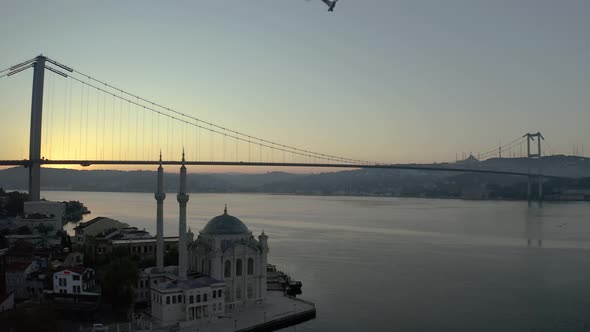 Ortakoy Mosque and Istanbul Bosphorus Bridge Aerial Video
