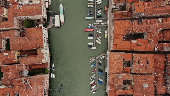 Top View of the Grand Canal with Empty Gondolas Tied to the Pier