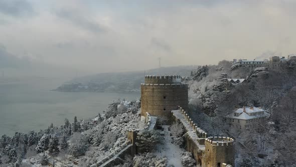 Aerial view of Rumeli Hisari ruins on hilltop, Istanbul, Turkey.