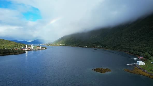 Ariel view in Sigerfjord cloudy summer day with a rainbow, old factory part 4