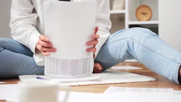 White Girl In A Hurry Anxiously Collects Documents Forms Paper Sheets, Anxious Emotional Woman