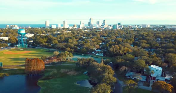 4K Aerial Tracking Video of Huggins-Stengel Field and Water Tower at Crescent Lake Park in St Peters