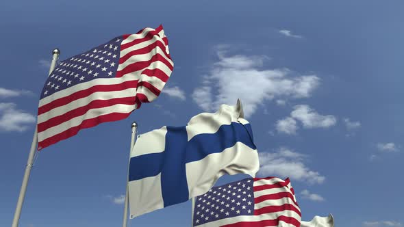 Row of Waving Flags of Finland and the USA alt