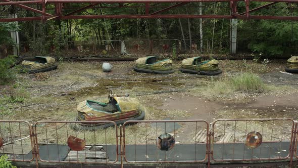 Aerial View of an Abandoned Amusement Park in Pripyat Ghost Town Exclusion Zone of Chernobyl Ukraine