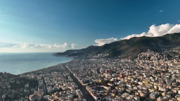 Colorful Panorama sunset over the city Aerial View 4 K Alanya Turkey