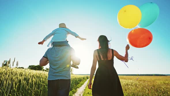 View From Back of Happy Family Dad Momchild Running Across Field Walk Outdoors in Sunny Summer with