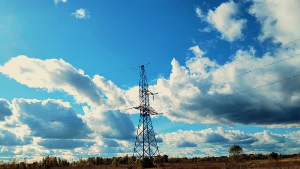 Electricity Transportation Industry Energetics. High Voltage Electric Tower With Insulators.