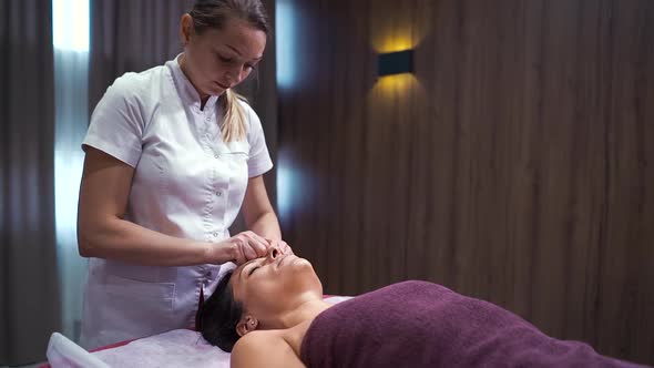 Beautician Doing Face Massage for Female Customer in Wellness Spa