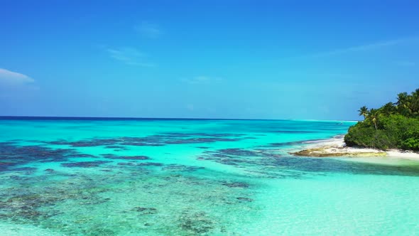 Aerial above seascape of exotic coastline beach adventure by aqua blue sea with white sandy backgrou