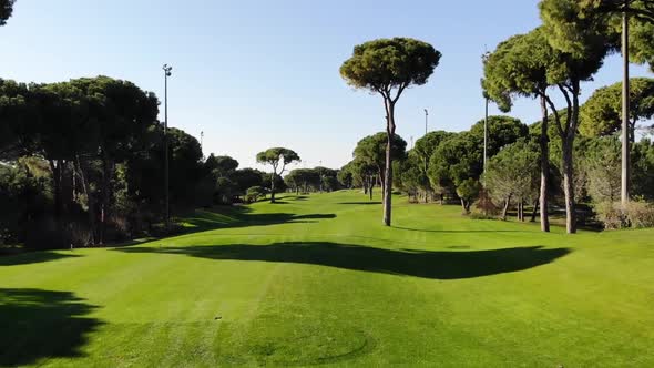 Green vivid and vibrant golf course field in gimbal motion shot