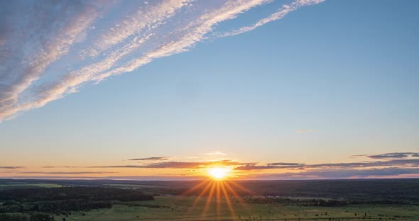 Aerial Scene of High Panoramic View at Sunset. Beautiful Clouds Blue Sky, Sun Glow Cloud, Background