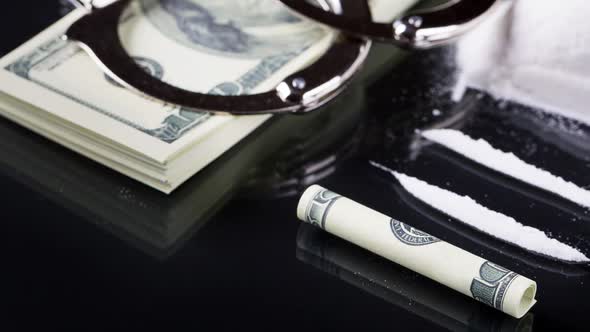 Handcuffs on Stack of Dollar Banknotes and Cocaine