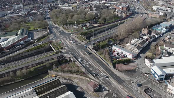 Aerial footage of the A50, A500 motorway, dual carriage way in the heart of the city of Stoke on Tre