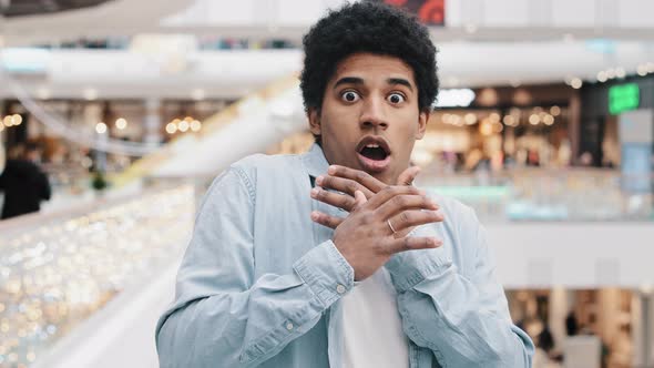 Portrait African American Man Frightened Stressed Guy Feeling Shock Fear Horror Fright Bad News