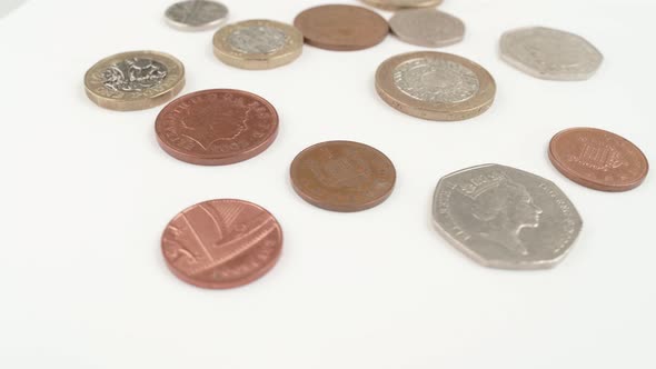 UK Currency pounds coins rotating close up footage against the white background