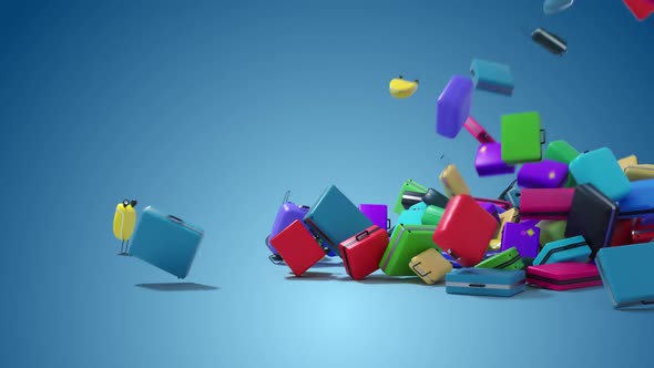 animation of falling suitcases. annotation - poor loading or collapse of tourism