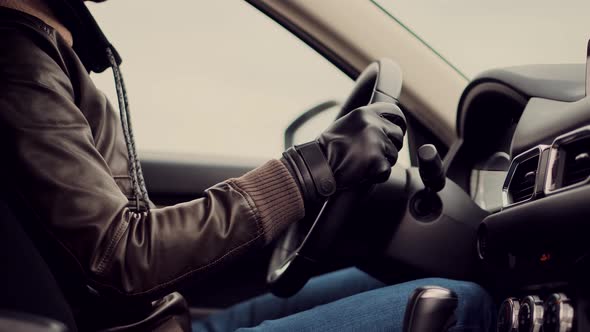 Car Owner Hold Steering Wheel Enjoy Traveling Road Route. Businessman Driving Expensive Car.