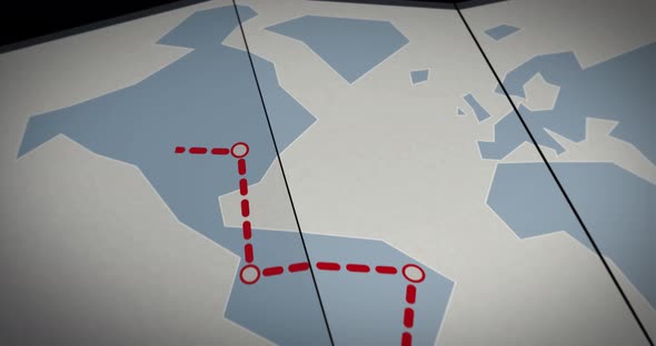 Map opens and we follow a red point travel route on the earth map. Digital generated animation on bl