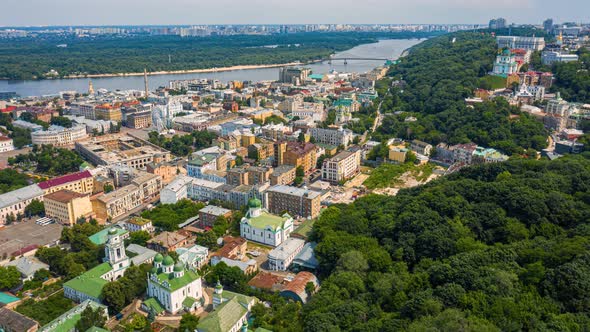 Fly Over Famous Kiev Podil District at Summer