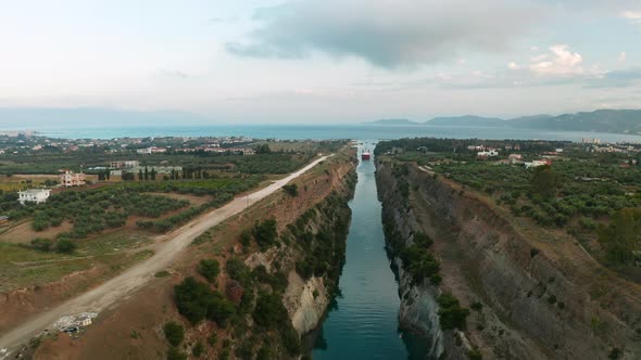 Ship Passing Through Corinth Canal in Greece