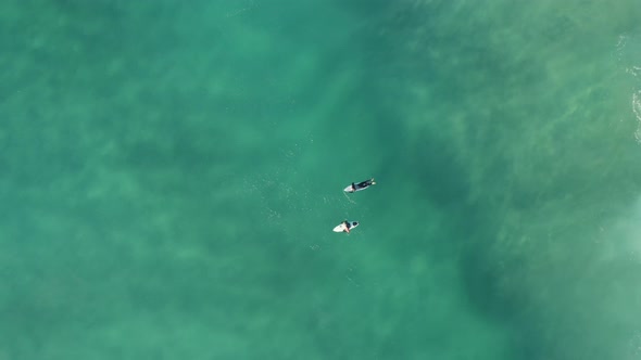 Aerial view of surfers.