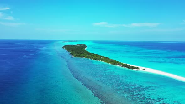 Tropical drone copy space shot of a white sand paradise beach and blue sea background in best qualit