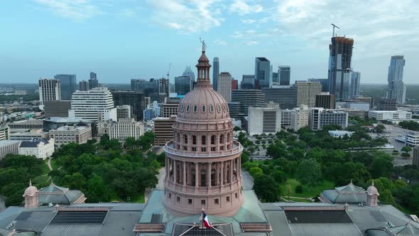 Texas state capitol dome and Austin urban city skyline. Beautiful aerial view.