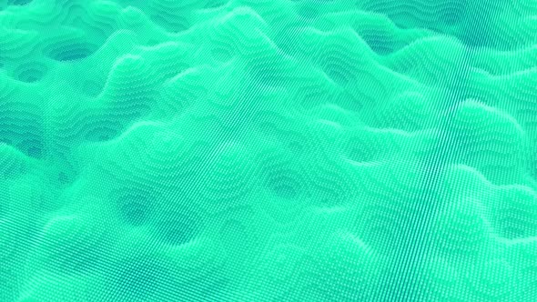 Abstract turquoise motion of waving dots texture with glowing defocused particles