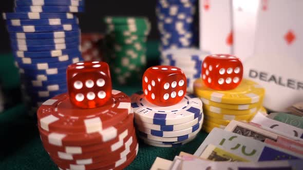 Gambling Money Chips Poker Cards And Red Dices 5 alt