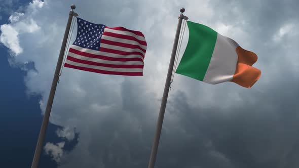 Waving Flags Of The United States And The Ireland 4K