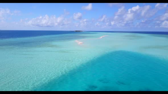 Aerial top view tourism of idyllic seashore beach voyage by clear lagoon and white sand background o