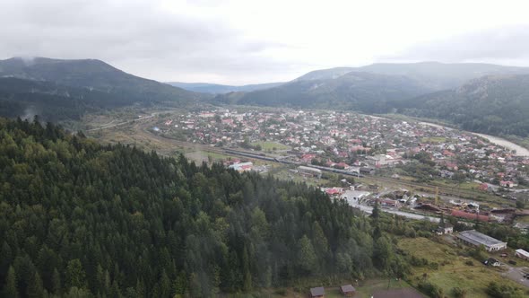 Aerial View of the Village in the Carpathian Mountains in Autumn. Ukraine