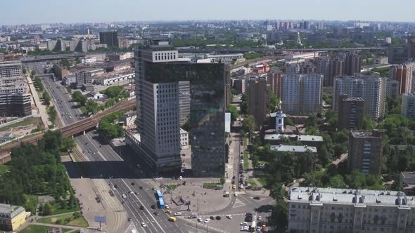 Aerial View of Modern Building Office Steel Glass Construction. Stylish Look Elite Rich Real Estate