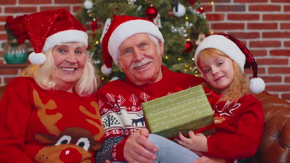 Senior Grandparents with Granddaughter in Santa Claus Hat Celebrating at Home Near Christmas Tree