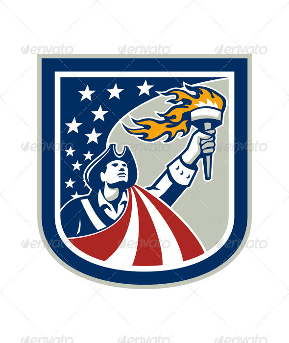 American Patriot Holding Up Torch Flag Shield