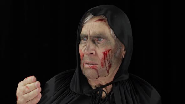 Old Executioner Halloween Makeup and Costume, Elderly Man with Blood on His Face