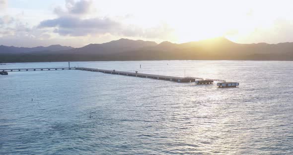 Forward flight with view to the embarkation port of the cruise ships in Puerto Plata, Dominican Repu