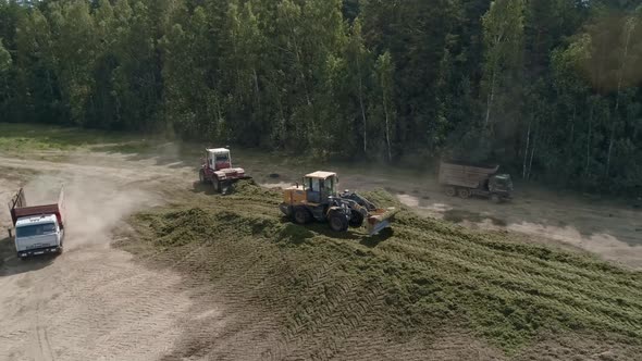 Aerial view of Trucks bring haylage to the Silo Trench, tractors tamp the silage 01
