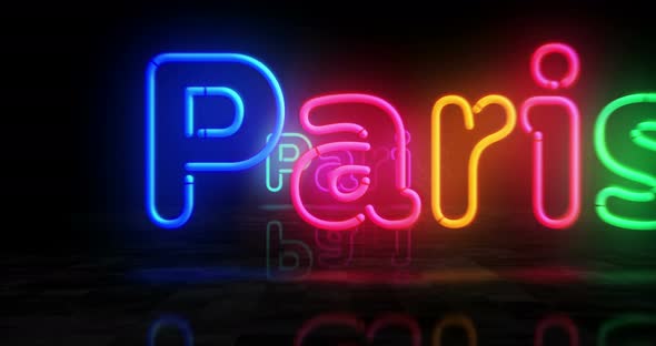 Paris neon symbol 3d flight between