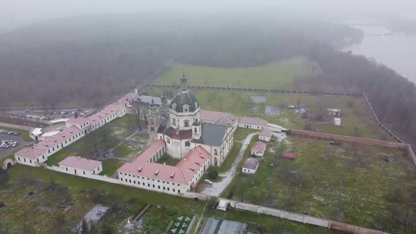 Drone ascending Pazaislis Monastery close range shot