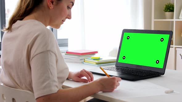 Student Woman with Laptop Drawing at Home