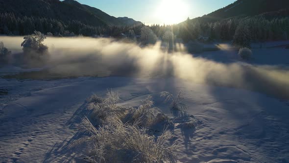 Beautiful winter morning with fresh snow and fog