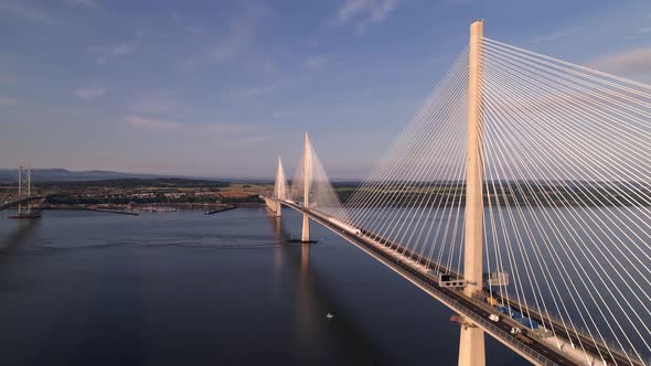 The Queensferry Crossing, the newer of the three bridges that spans the River Forth in Scotland. Fly