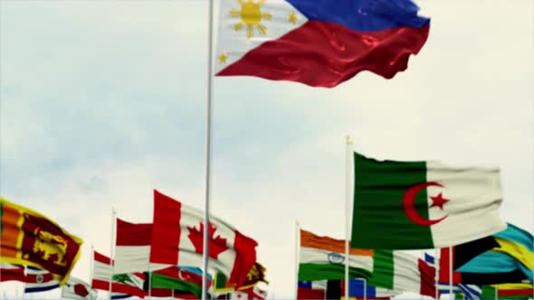 Philippines Flag With World Globe Flags Morning Shot