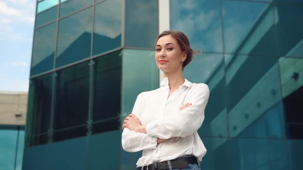 Businesswoman Successful Woman Business Person Standing Outdoor Corporate Building Exterior. Pensive