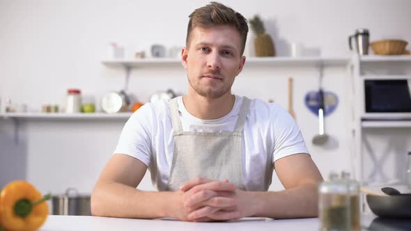 Handsome Young Chef Smiling Into Camera, Ad of Culinary Courses, Nutrition Tips