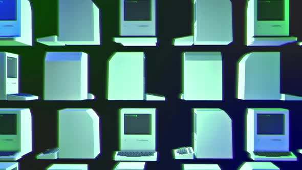 Old School Computer With Green Illumination On Abstract Digital Background